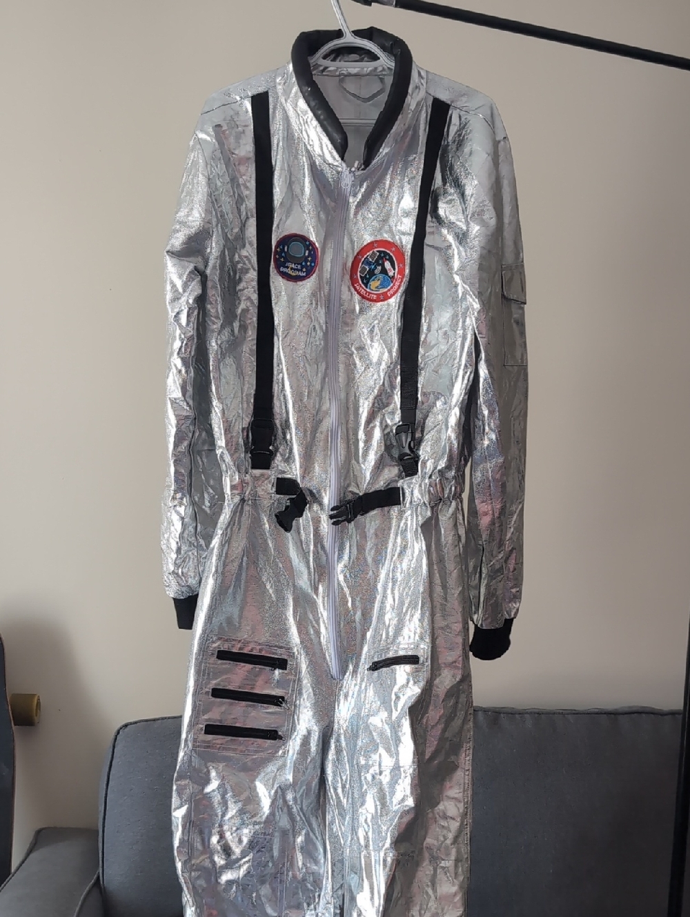 Silver Metallic Space-Style Jumpsuit with Patches